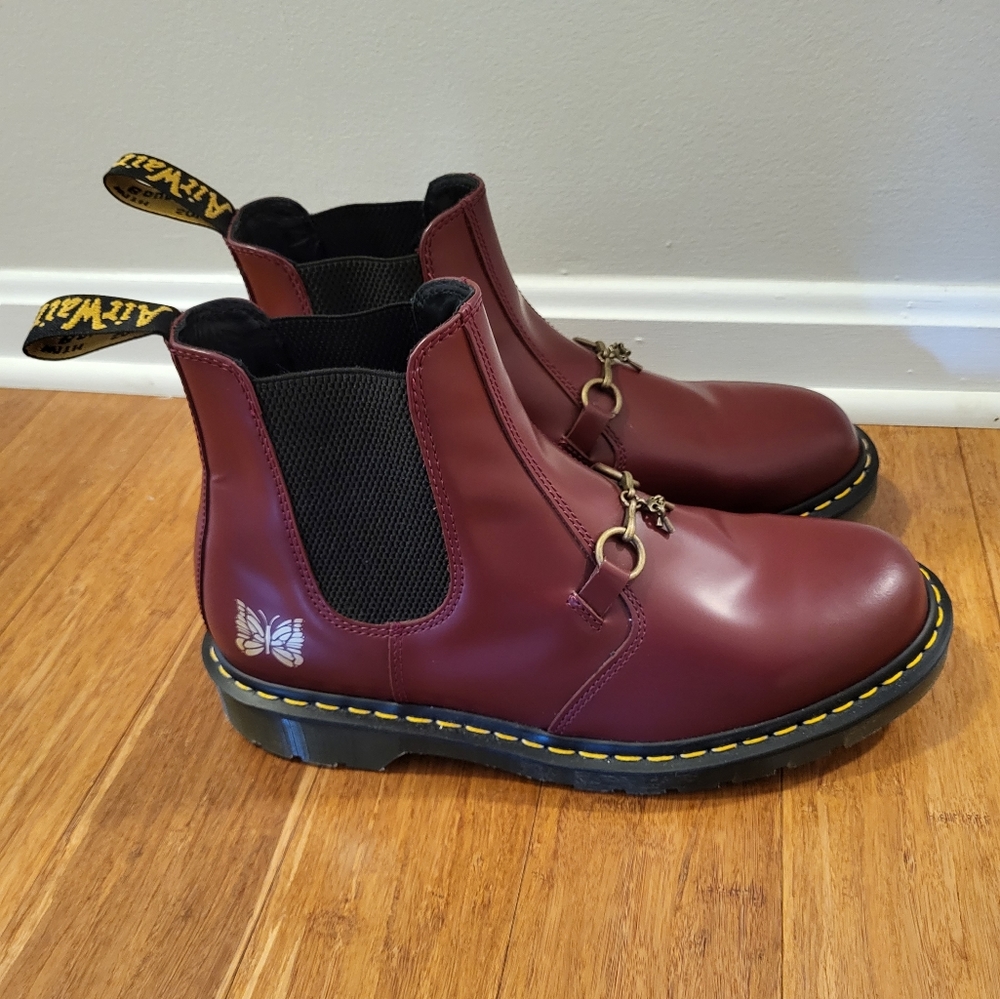 Dr. Martens Burgundy Chelsea Boots with Yellow Stitching